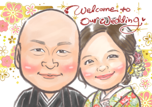 新郎新婦を和装で描いた花柄の結婚祝い似顔絵プレゼント